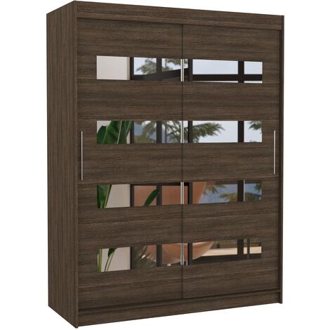 Armoire de chambre marron 2 portes coulissantes marron et miroirs horizontaux Bozika 150cm
