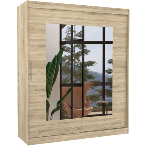 Armoire de chambre moderne bois clair 2 portes coulissantes avec miroir Rozika 180cm