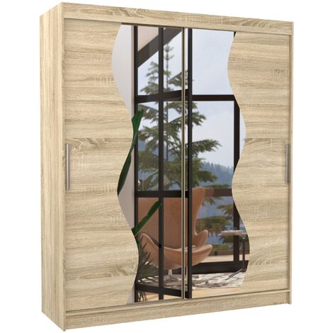 Armoire de chambre moderne bois clair 2 portes coulissantes avec miroir Voky 180cm