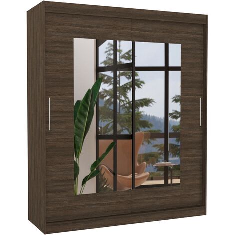 Armoire de chambre moderne marron 2 portes coulissantes avec miroir Rozika 180cm