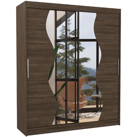 Armoire de chambre moderne marron 2 portes coulissantes avec miroir Voky 180cm