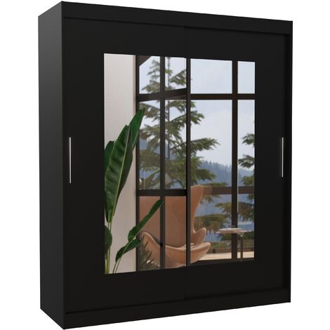 Armoire de chambre moderne noir 2 portes coulissantes avec miroir Rozika 180cm