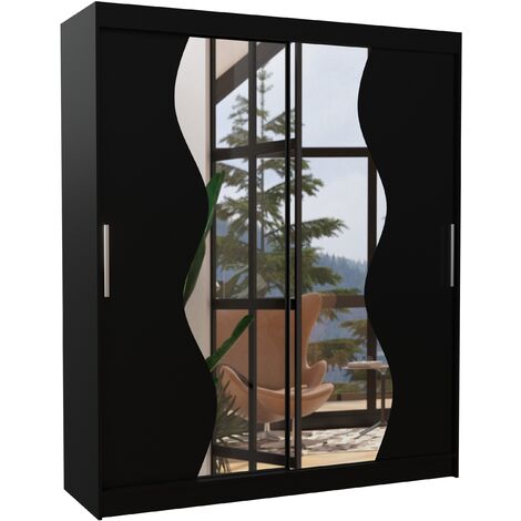 Armoire de chambre moderne noir 2 portes coulissantes avec miroir Voky 180cm