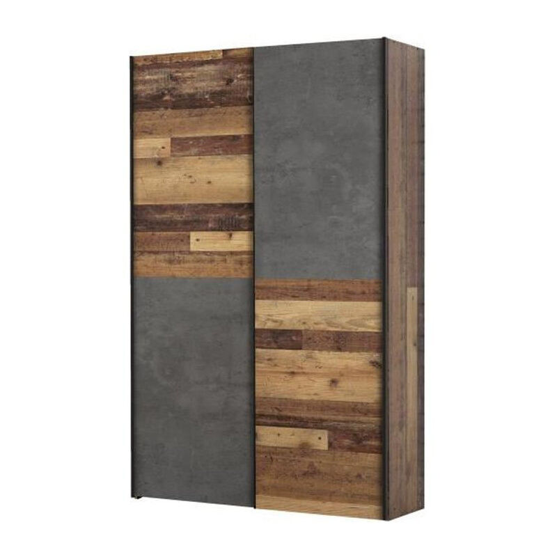 Armoire de chambre multifonctions - Panneaux de particules - Bois et beton gris - 2 portes - Campagne - L 120 x P 41,6 x H 190,5