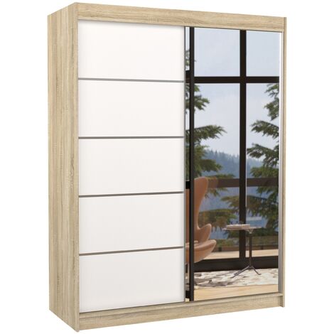 Armoire de chambre naturel 2 portes coulissantes 1 blanche et 1 miroir Limka 150cm