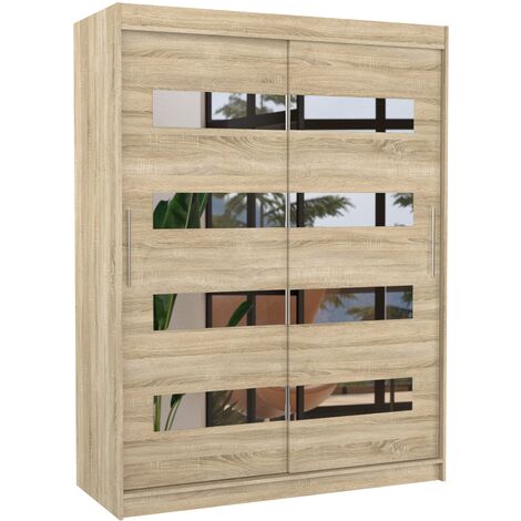Armoire de chambre naturel 2 portes coulissantes naturel et miroirs horizontaux Bozika 150cm