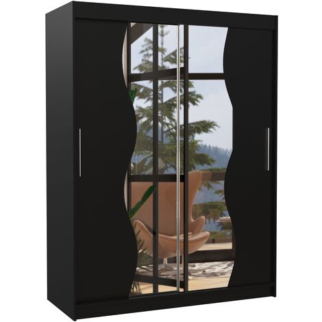 Armoire de chambre noir 2 portes coulissantes avec miroir Renka 150cm