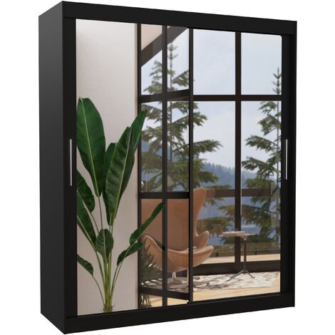 Armoire de chambre noir 2 portes coulissantes avec miroir Toraz 180cm
