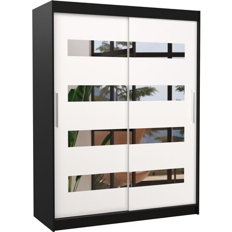 Armoire de chambre noir 2 portes coulissantes blanc et miroirs horizontaux Bozika 150cm