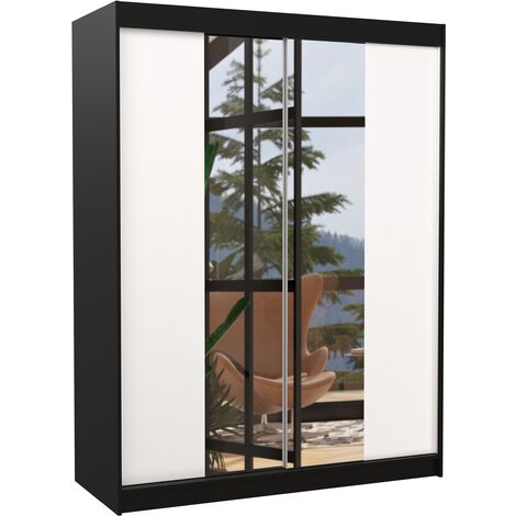 Armoire de chambre noir 2 portes coulissantes bois blanc et miroir Zomka 150cm