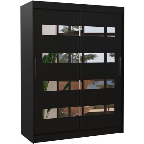 Armoire de chambre noir 2 portes coulissantes noir et miroirs horizontaux Bozika 150cm