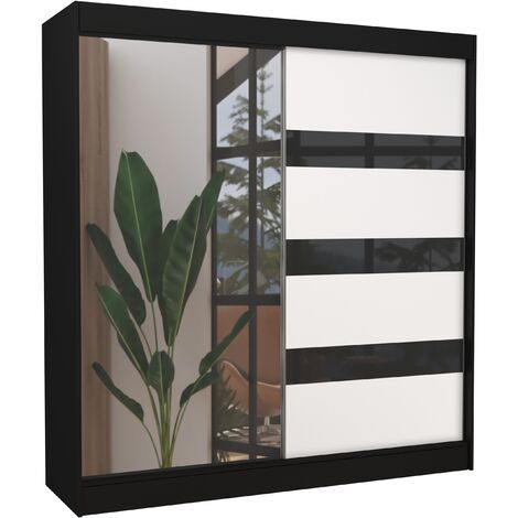 Armoire de chambre noire 1 porte blanche et noire laquée 1 porte miroir Voka - 3 tailles-Largeur 120 cm