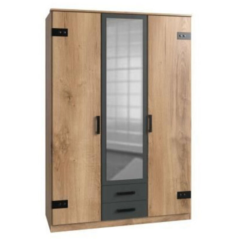 CALICOSY - Armoire 2 portes décor chêne 1 porte miroir et 2 tiroirs - H198 cm