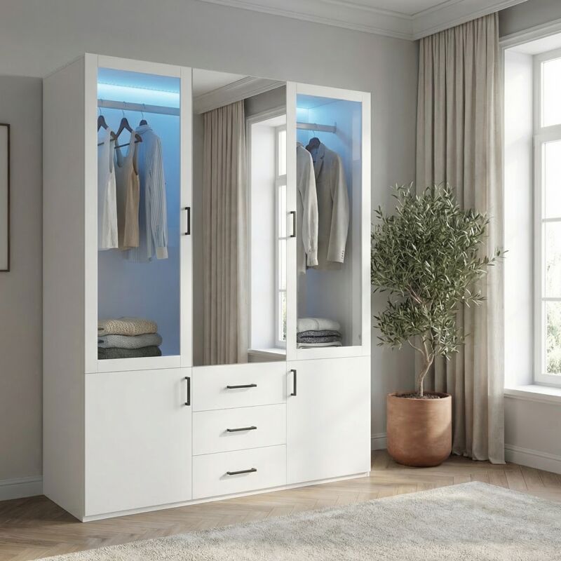 Armoire chambre miroir blanche, bois, éclairage LED, 130x51.8x181.5cm, Garde-robe 4 portes et 3 tiroirs, grande capacité de rangement, style