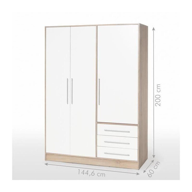 Les Tendances - jupiter Armoire de chambre style contemporain en bois agglomere chene et blanc - l 144,6 cm