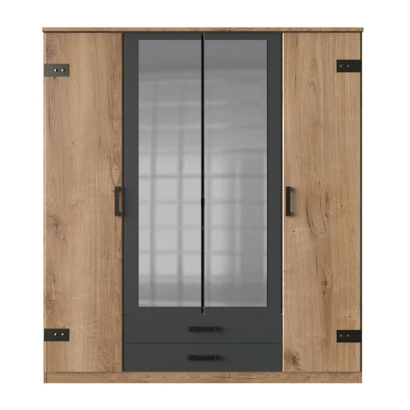 Armoire de chambre - corfou - 4 portes - 2 miroirs - 2 tiroirs - Chene poutre / Graphite - 90 x 58 x 199 cm