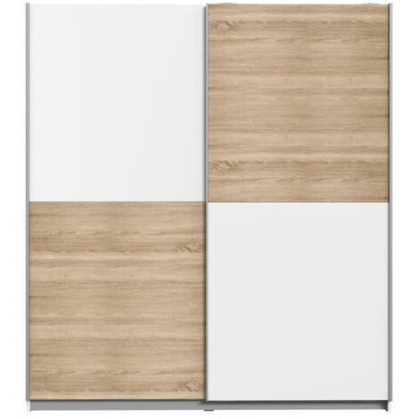 Armoire de chambre ULOS contemporaine décor chêne et blanc – Dimensions L 170,3 x H 190,5 cm – 2 portes coulissantes – 5 tablettes et 2 tringles