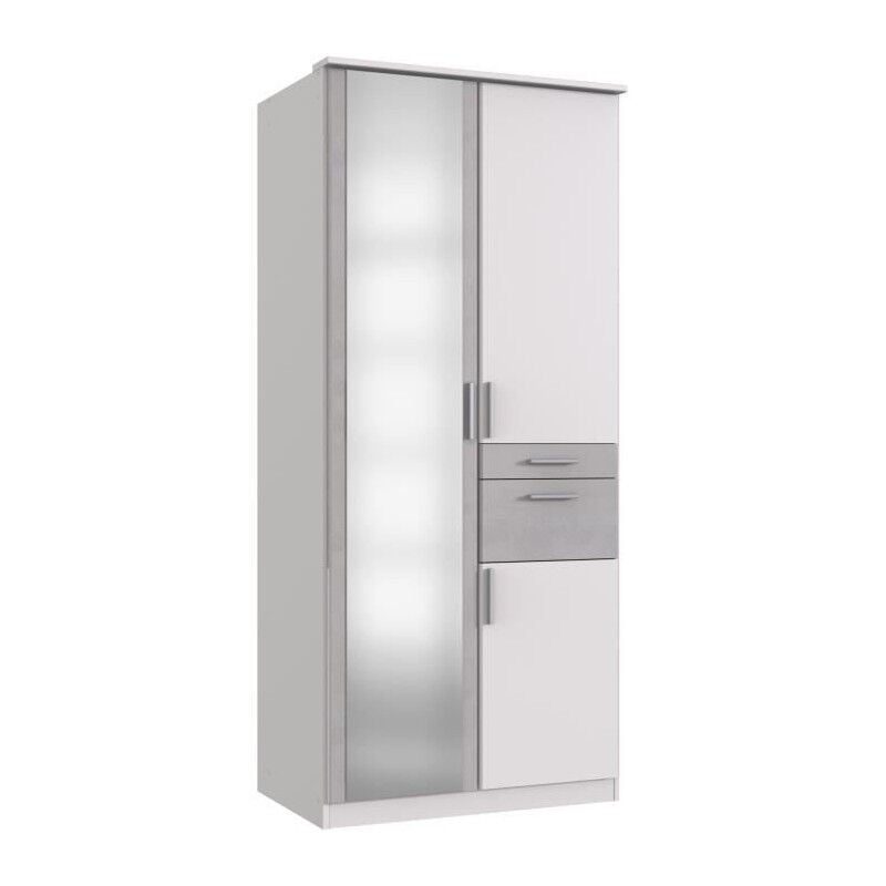 Wimex - Armoire de chambre - volos - Blanc / Béton gris clair - 3 portes - 1 porte miroir - 2 tiroirs - 90 x 58 x 199 cm