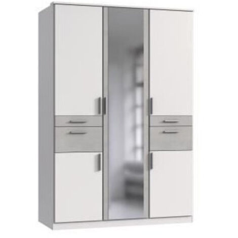 Armoire de chambre - VOLOS - Blanc / Béton gris clair - 5 portes - 1 porte miroir - 4 tiroirs - 135 x 58 x 199 cm
