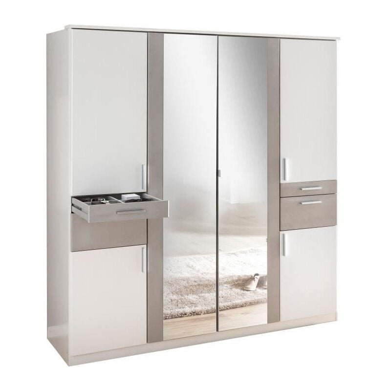 Wimex - Armoire de chambre - volos - Blanc / Béton gris clair - 6 portes - 2 portes miroirs - 4 tiroirs - 180 x 58 x 199 cm