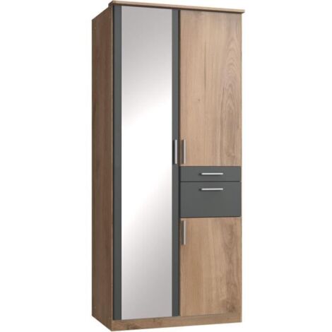 Armoire de chambre - VOLOS - Chene poutre / Graphite - 3 portes - 1 porte miroir - 2 tiroirs - 90 x 58 x 199 cm