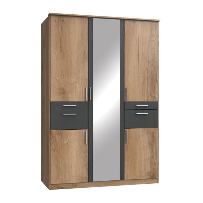 Armoire de chambre - VOLOS - Chene poutre / Graphite - 5 portes - 1 porte miroir - 4 tiroirs - 135 x 58 x 199 cm
