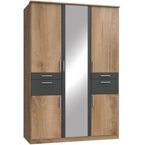 Armoire de chambre - VOLOS - Chene poutre / Graphite - 5 portes - 1 porte miroir - 4 tiroirs - 135 x 58 x 199 cm