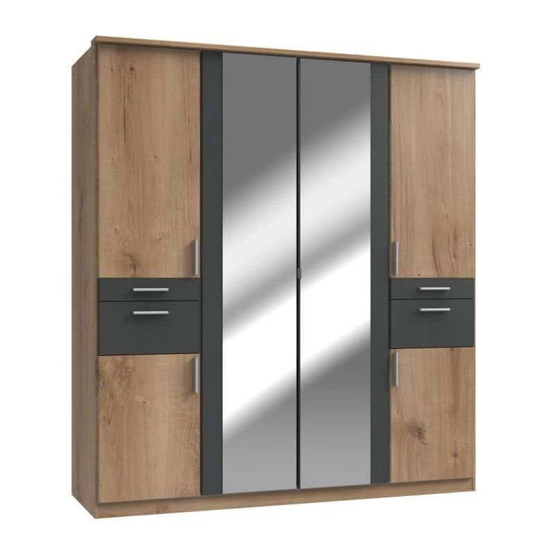 Wimex - Armoire de chambre - volos - Chene poutre / Graphite - 6 portes - 2 portes miroirs - 4 tiroirs - 180 x 58 x 199 cm