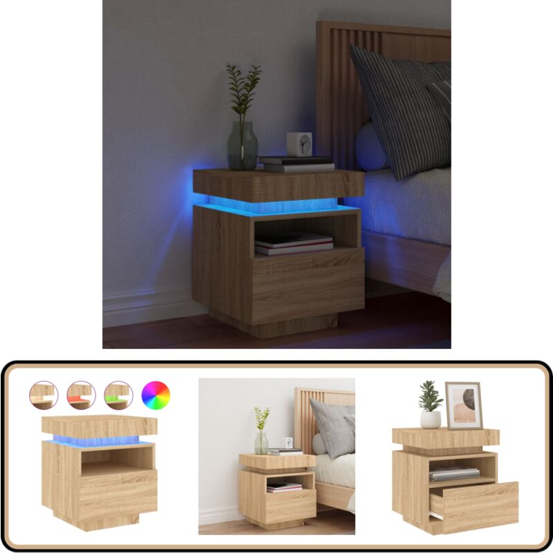 Armoire de chevet avec lumières led chêne sonoma 40x39x48,5 cm - Table De Chevet - Meubles De Chambre - Luminaire Led - Étagère Murale - Commode