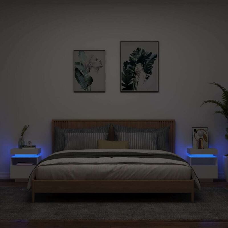 Armoires de chevet avec lumières led 2 pcs blanc 40x39x48,5 cm