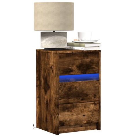 Armoire de chevet et lumières LED-Table de chevet-Meuble de rangement chêne fumé bois d'ingénierie 863248