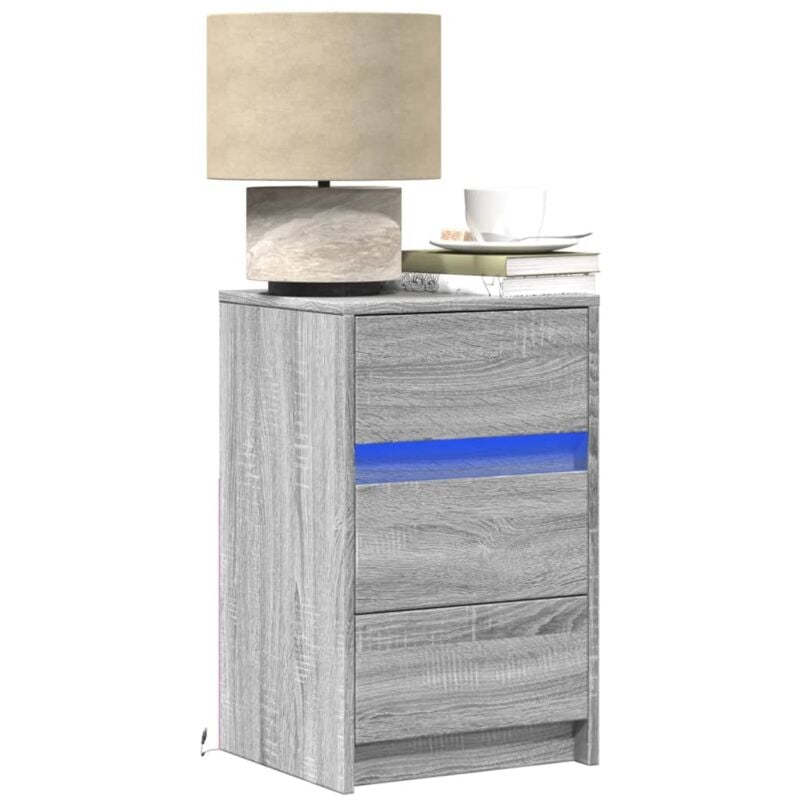 Armoire de chevet et lumières led sonoma gris bois d'ingénierie - Vidaxl