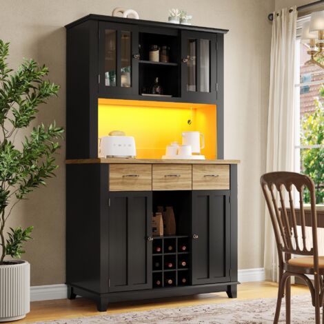 Armoire de Cuisine 106×40×179,5 cm avec Éclairage LED, Vitrine et Étagères Ajustables, Buffet avec Tiroirs Effet Bois