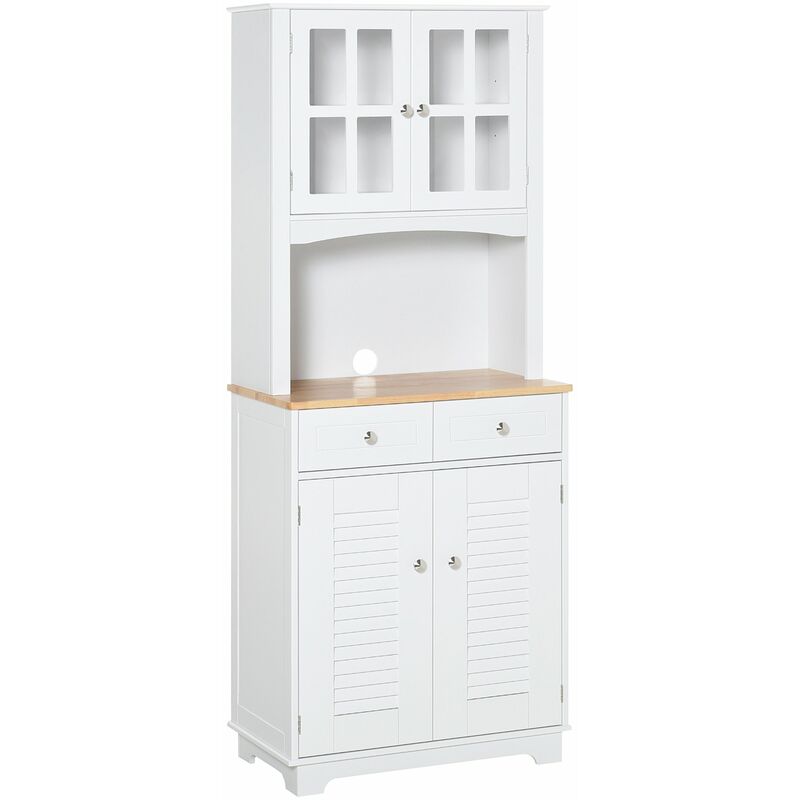 Homcom - Armoire de cuisine 2 placards 2 portes persiennes et acryliques 2 tiroirs grande niche bois caoutchouc MDF blanc