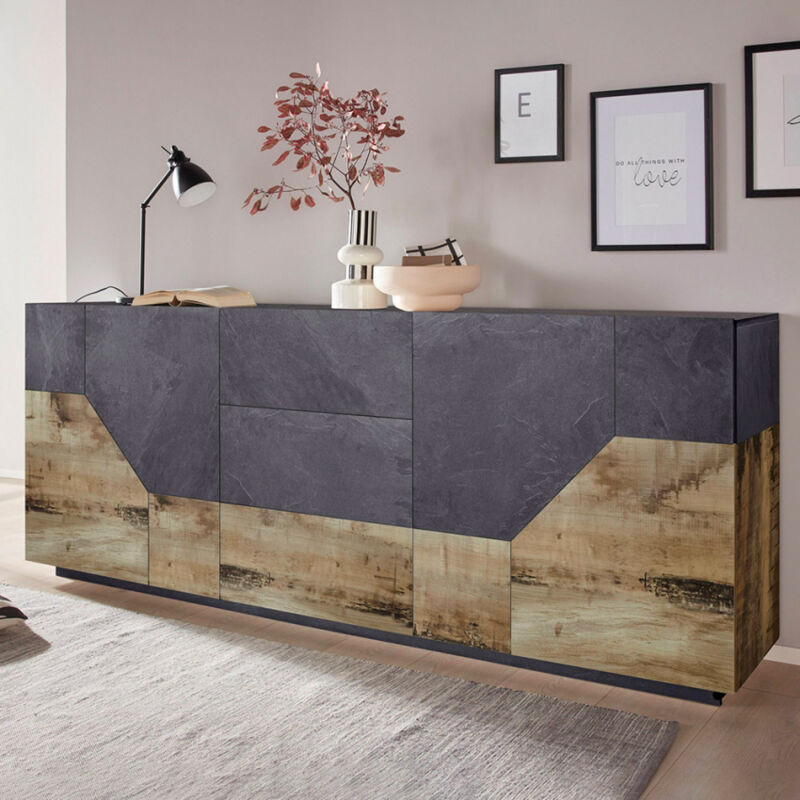 Armoire de cuisine 220x40cm meuble salon 4 portes 3 tiroirs Mavis Report