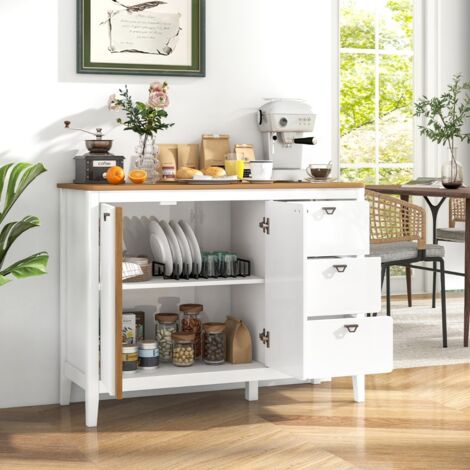 Armoire de Cuisine à 2 Portes et 3 Tiroirs Coulissants Buffet de Cuisine en Bois avec Kits Anti-basculement Armoire Indépendante Blanc