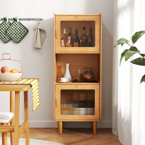 Armoire de Cuisine à 3 Compartiments Ouverts et Fermés 2 Portes en Acrylique Bibliothèque Autoportante Naturel