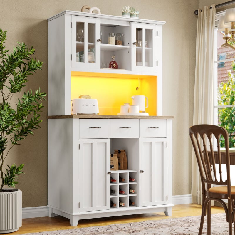 Armoire de cuisine, armoire haute, buffet de cuisine, vitrine, buffet avec étagères réglables, buffet avec éclairage led, buffet (tiroir blanc)