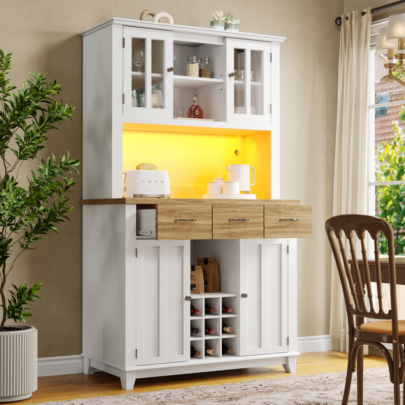 Redom - Armoire de cuisine, armoire haute, buffet de cuisine, vitrine, buffet avec étagères réglables, buffet avec éclairage led, buffet (tiroirs