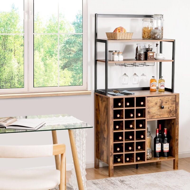 Maisonchic - Armoire de Cuisine Autoportante avec Casier à Vin et Tiroir Support de Bar à 4 Niveaux avec Support de Verre à Vin Café design in