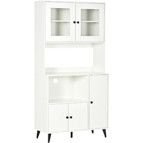 Armoire de cuisine avec 3 placards, niches, étagères réglables, portes vitrées, passe-câble, 90x40x180cm, blanc