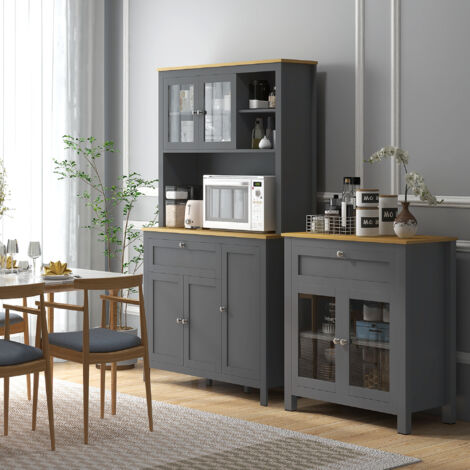 Armoire de cuisine buffet cuisine 5 portes dont 2 portes vitrées et 1 tiroir. 1 niche centrale - hauteur 180 cm gris