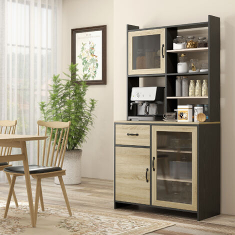 Armoire de cuisine buffet haut avec 1 tiroir 3 placards étagères 2 portes vitrées 90 x 39 x 177 cm noir naturel