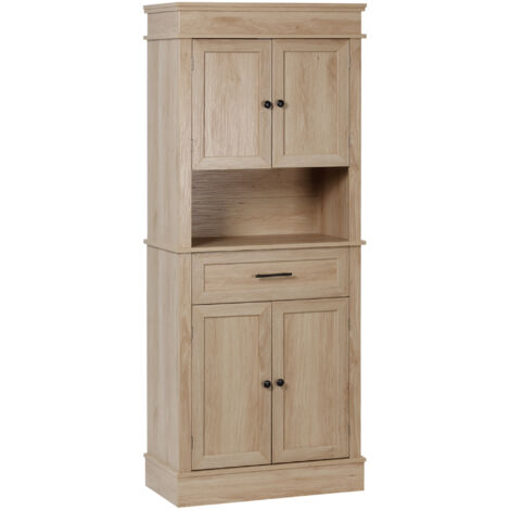 Armoire de cuisine buffet vaisselier rangement moderne avec placards, étagères réglables, tiroir, niche, salle à manger salon, 74x39,5x183 cm, chêne clair