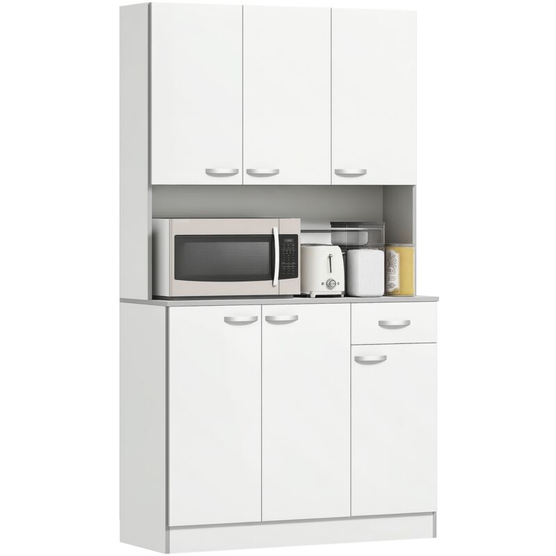 HOMCOM Armoire de cuisine contemporaine multi-rangements 6 portes 1 tiroir + grand plateau dim. 101L x 39l x 180H cm panneaux particules blanc gris