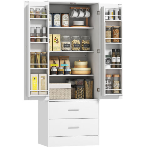 Armoire de cuisine de 159 cm, étagères réglables, 2 tiroirs, pour la cuisine, la salle à manger, en particules, MDF, blanc