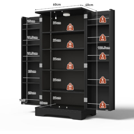Armoire de cuisine de dimensions 120x60x40 cm, équipée d’une lumière LED. C’est une grande armoire à deux portes, dotée de plans des étagères et de panneaux pour les portes qui peuvent être ajustés se