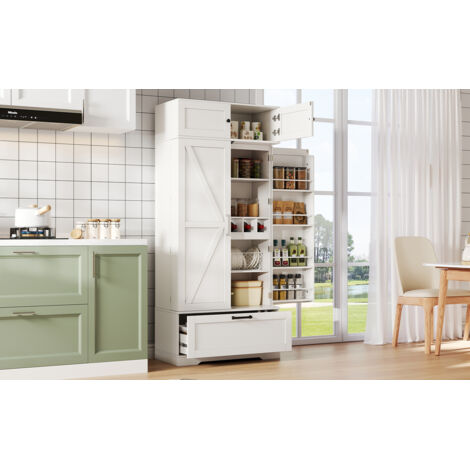 Armoire de cuisine de dimensions 80×40×180 cm, dotée d’étagères réglables, de tiroirs, d’un étaggere pour les vins, et de portes également équipées d’étagères intérieures