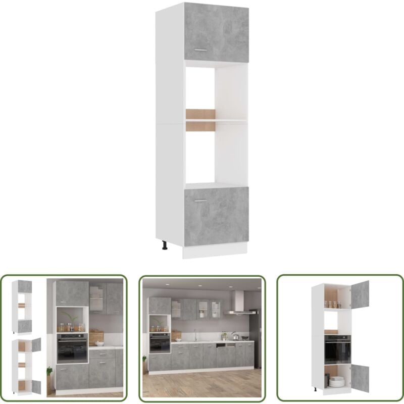 The Living Store Armoire à micro-ondes Gris béton 60x57x207 cm Bois d'ingénierie - Armoire à Micro-ondes - Meuble De Cuisine - Rangement Cuisine