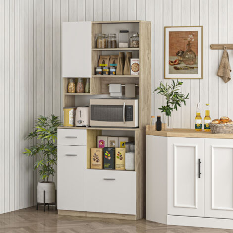 Armoire de cuisine haute. meuble de rangement moderne avec étagères réglables. tiroir. blanc et aspect bois